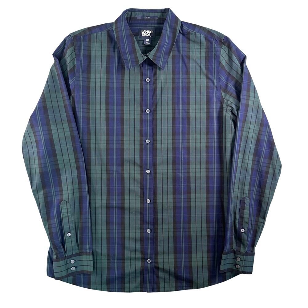Lands' End Women 12Tall Navy Green Plaid Black Watch Tartan No Iron 100% Cotton